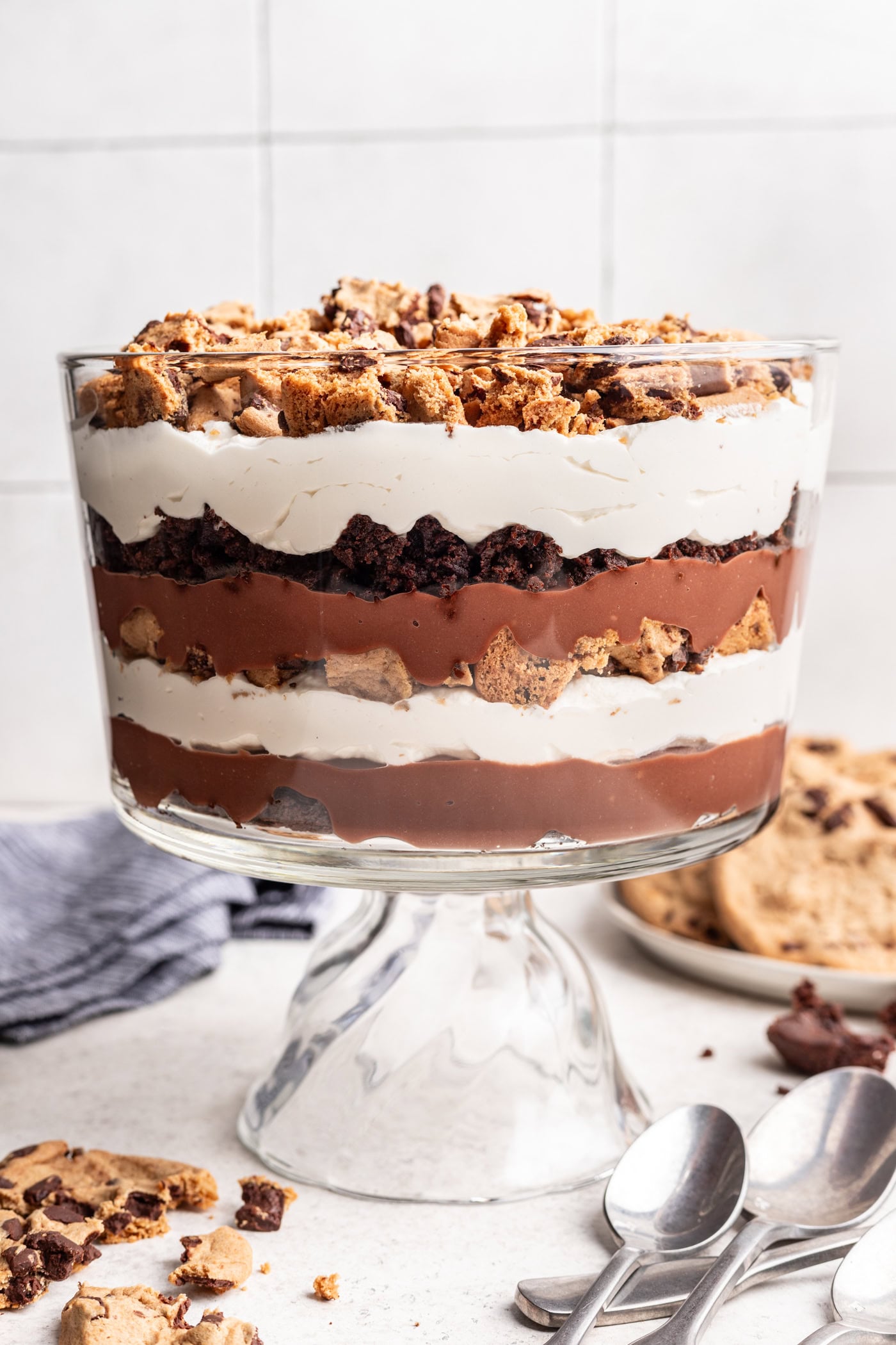 brownie trifle in a glass dish