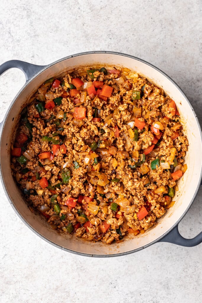 ground meat and veggies in a large pot