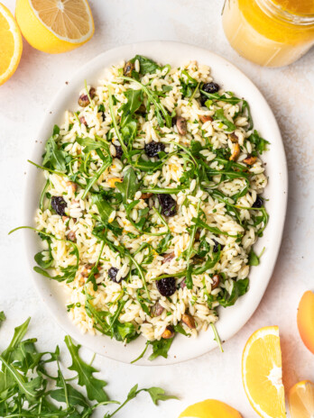 orzo salad on a white platter