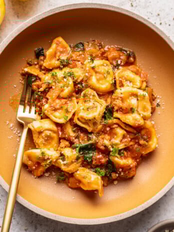 tortellini pasta in a bowl with a fork