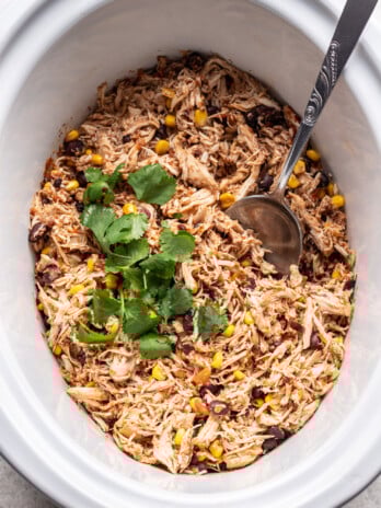 shredded mexican chicken with a spoon in a slow cooker