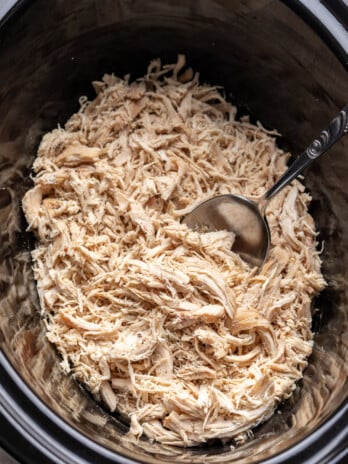 shredded chicken with a spoon sticking in a slow cooker