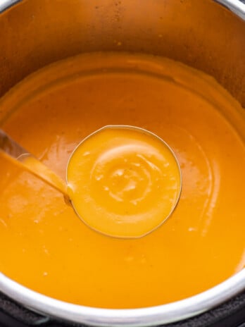 blended butternut squash soup in an instant pot with a ladle