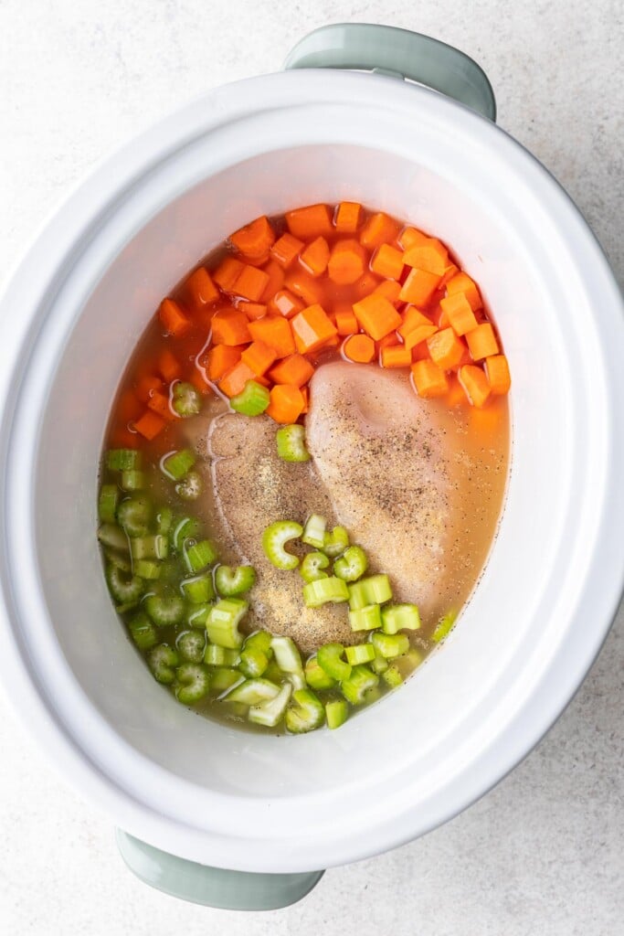 chicken breasts with carrots, celery and both in a slow cooker