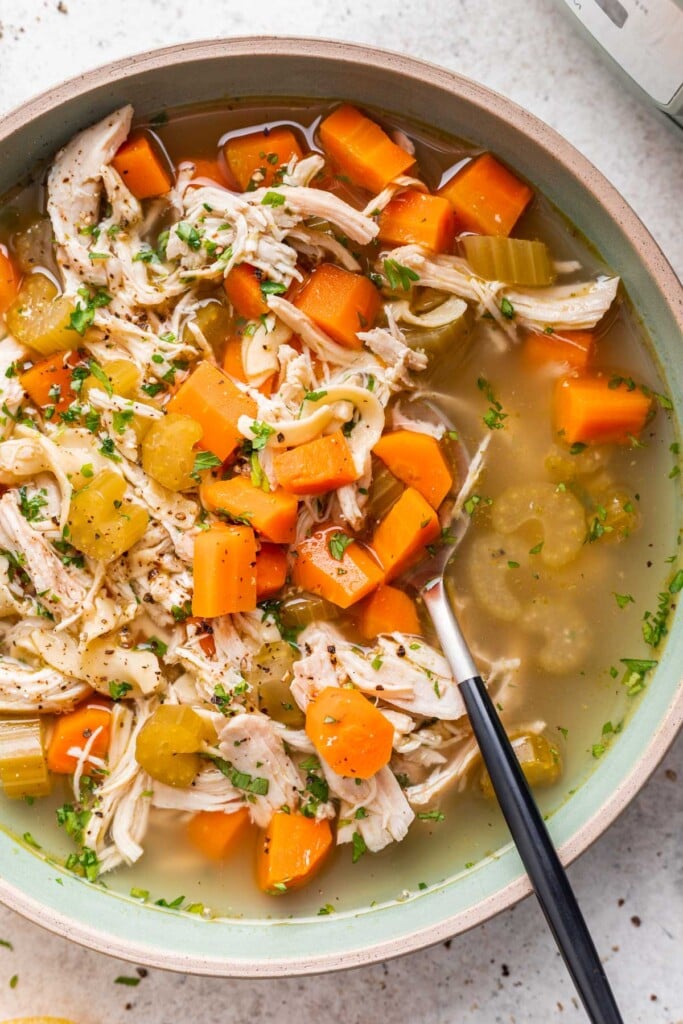 chicken noodle soup with carrots and celery and a spoon