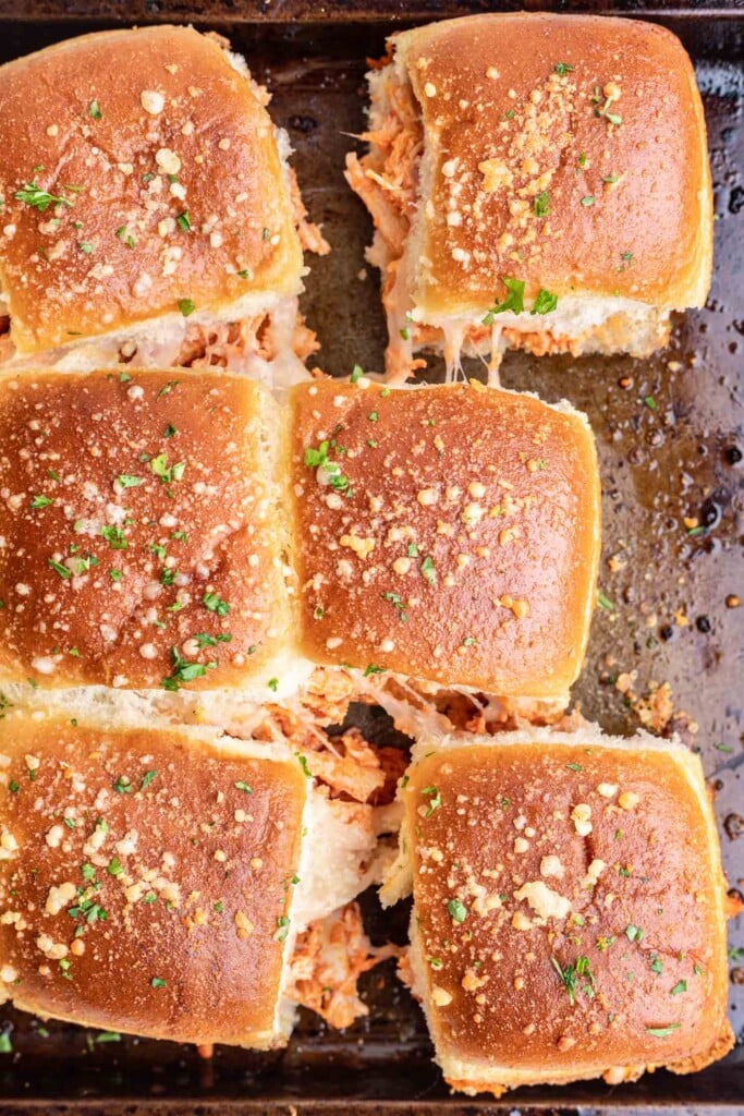 parmesan chicken sliders on a sheet pan