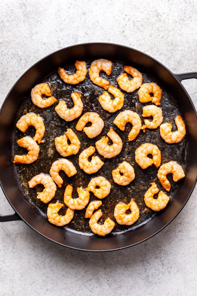 A pan filled with shrimp