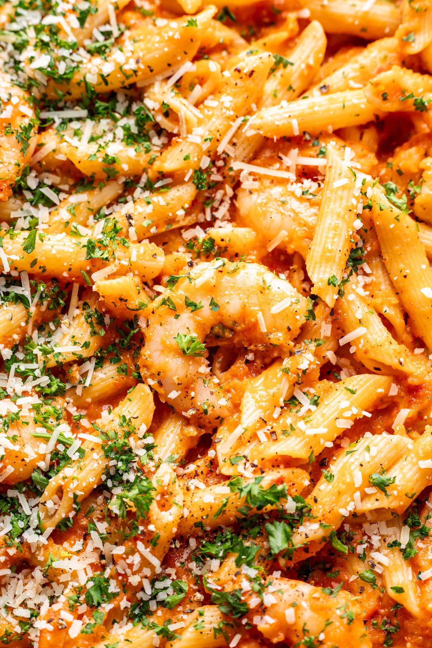 close up of shrimp and pasta