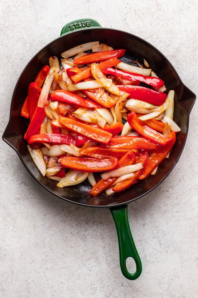 pan with sauteed onions and peppers