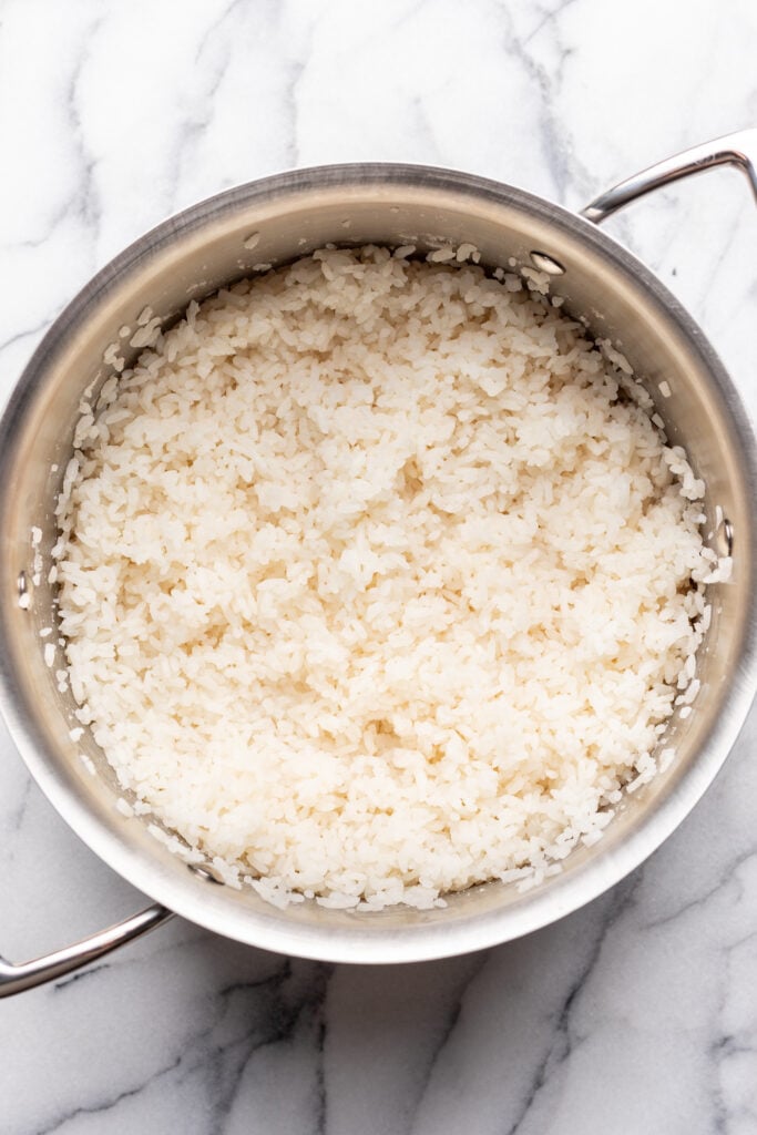 cooked sushi rice in a pot