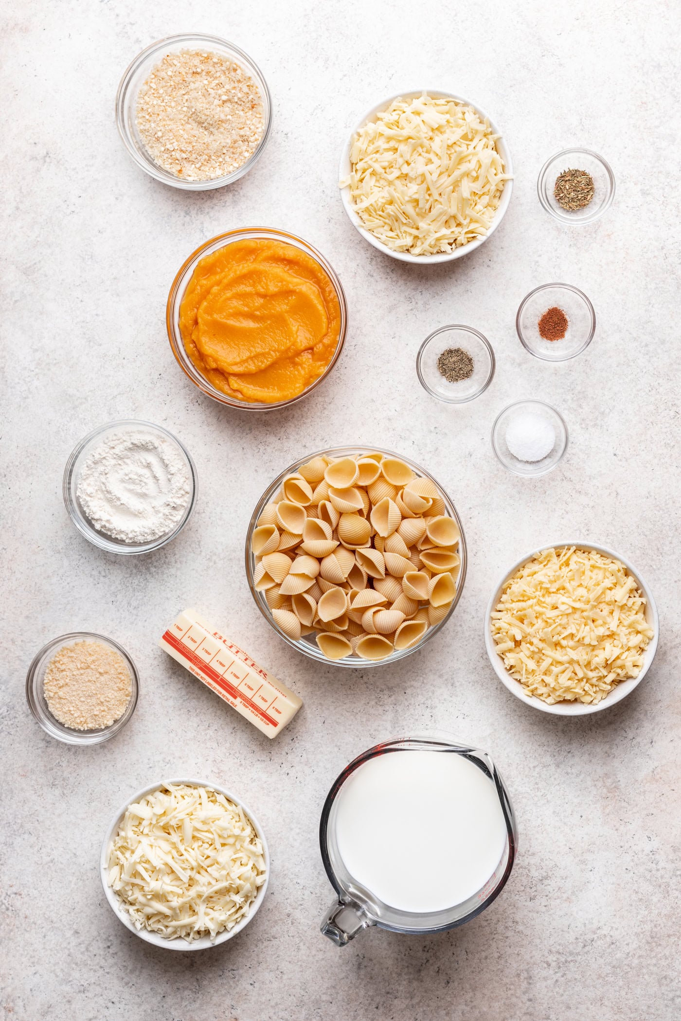 bowls if ingredients on a grey background