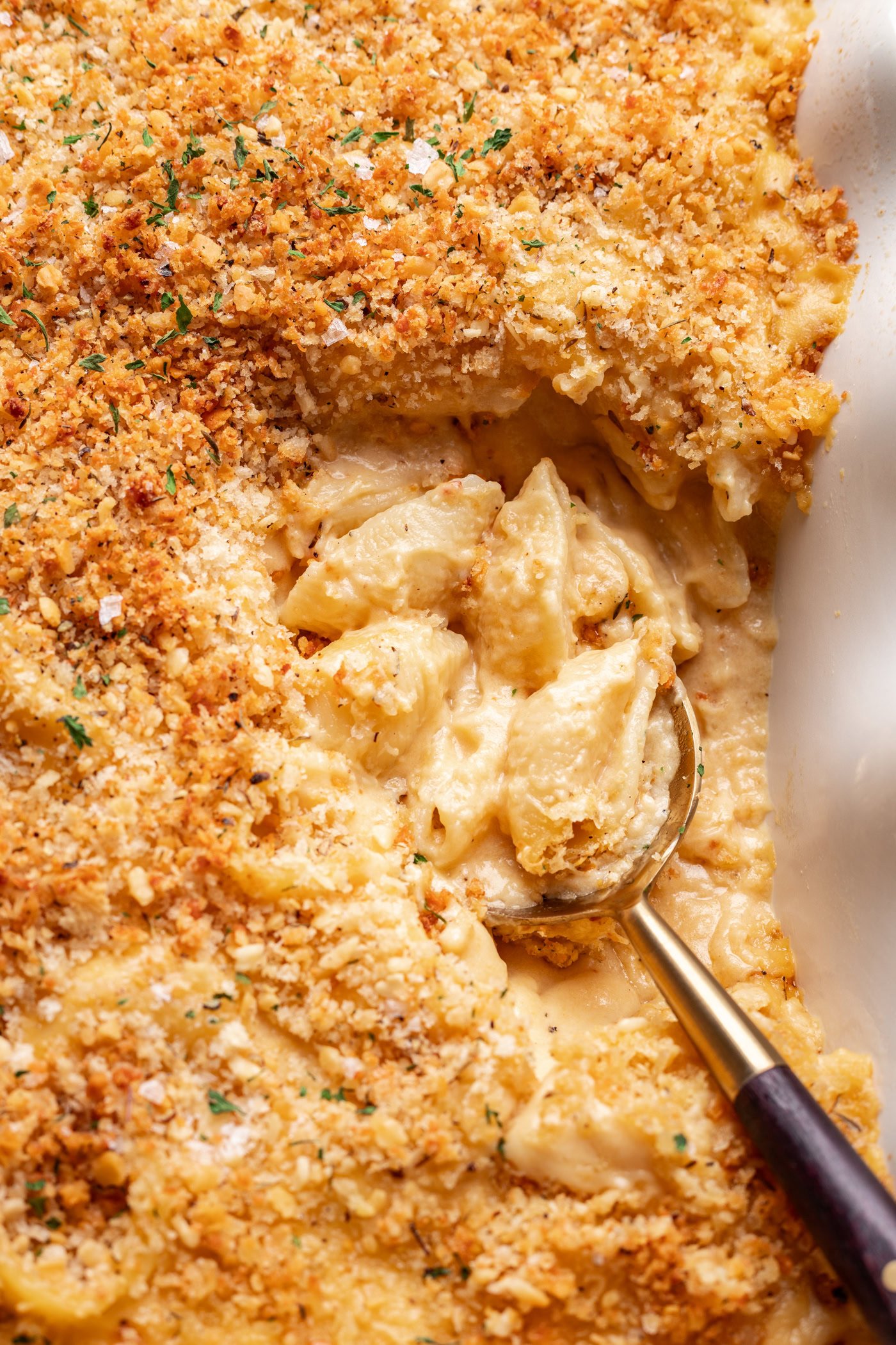 up close shot of a serving spoon in a dish of macaroni and cheese