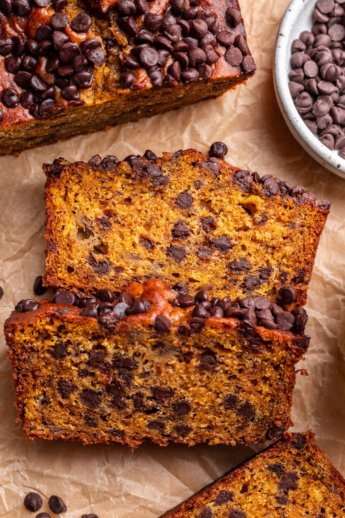 Rich, moist pumpkin banana bread topped with chocolate chips