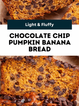 Close-up of moist chocolate chip pumpkin banana bread with melty chocolate chips, shown sliced to reveal the texture. Banner text reads “Light & Fluffy CHOCOLATE CHIP PUMPKIN BANANA BREAD.”.