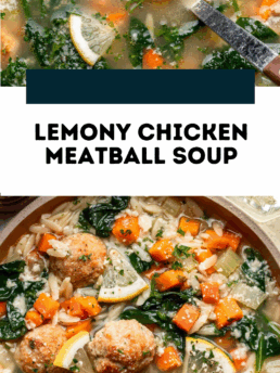 Close-up of a bowl of lemony chicken meatball soup with spinach, carrots, orzo pasta, lemon wedges, and herbs in a clear broth. The text reads Lemony Chicken Meatball Soup and lifeisbutadish.com.