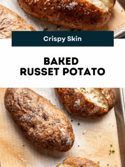 Top: A split, fluffy baked russet potato with crispy skin, topped with butter and chives. Bottom: Three whole baked russet potatoes on parchment paper. Text reads “Baked Russet Potato” and “lifeisbutadish.com.”.