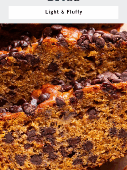Close-up of thick, moist slices of chocolate chip pumpkin banana bread, showing a dense texture with plenty of chocolate chips. Text above describes it as light and fluffy; the bottom has a Life Is But A Dish logo.