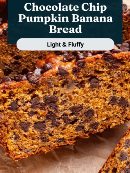 Close-up of sliced chocolate chip pumpkin banana bread on parchment paper, topped with chocolate chips. Text overlay reads: Chocolate Chip Pumpkin Banana Bread - Light & Fluffy with a logo at the bottom.