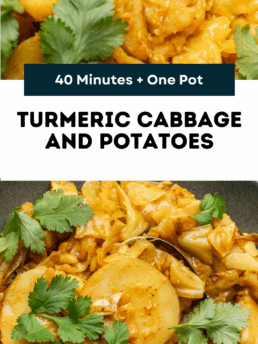 Close-up of a turmeric cabbage and potato dish garnished with fresh cilantro, served in a single pot. Text reads: “40 Minutes + One Pot. Turmeric Cabbage and Potatoes. lifeisbutadish.com.”.