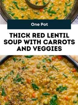 Close-up of a pot of red lentil soup with chopped carrots, green veggies, and seasoning, shown with a ladle. Text overlay reads, “Thick Red Lentil Soup with Carrots and Veggies.”.