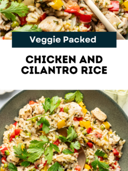 A bowl of chicken and cilantro rice mixed with red and yellow bell peppers, peas, and garnished with fresh cilantro. A fork rests in the bowl. Text reads: Veggie Packed Chicken and Cilantro Rice.