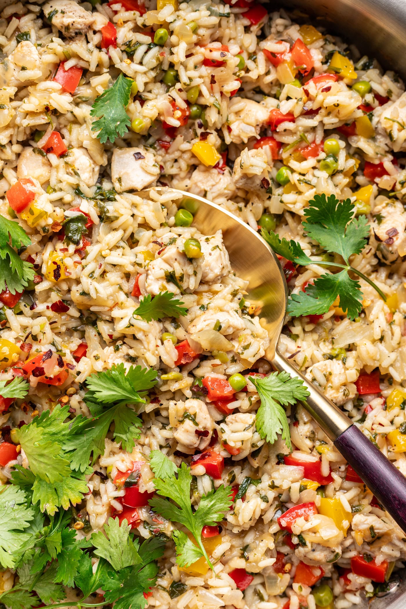 A close-up of a rice dish with chopped chicken, red and yellow bell peppers, peas, herbs, and fresh cilantro, with a gold spoon resting in the food.